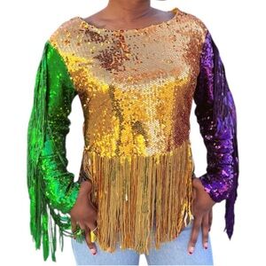 BiBi Sequin Top with Green and Purple Sleeves